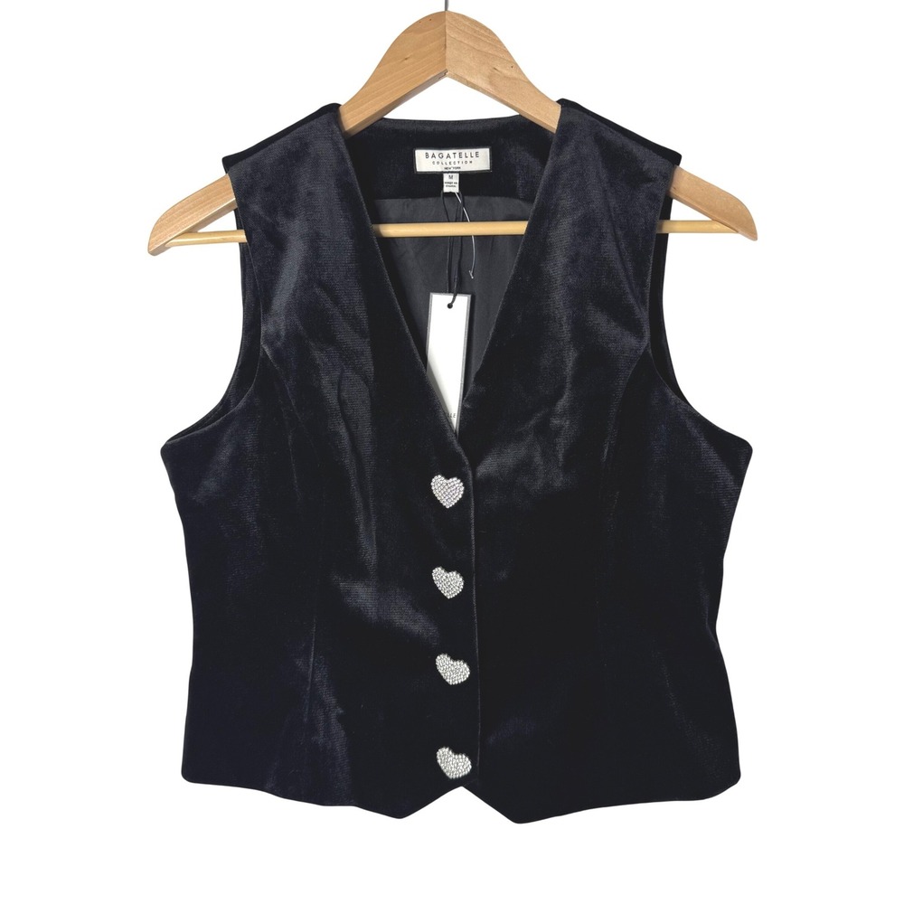 NEW Bagatelle Velvet Vest M Black Rhinestone Heart Button Whimsigoth Bling Event